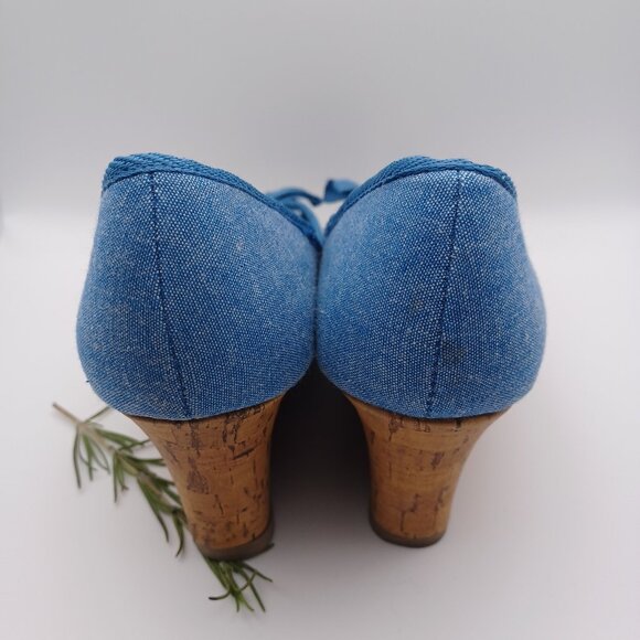 Dexflex Comfort Denim and Cork Wedge Heel Peep Toe Shoes - Picture 4 of 10